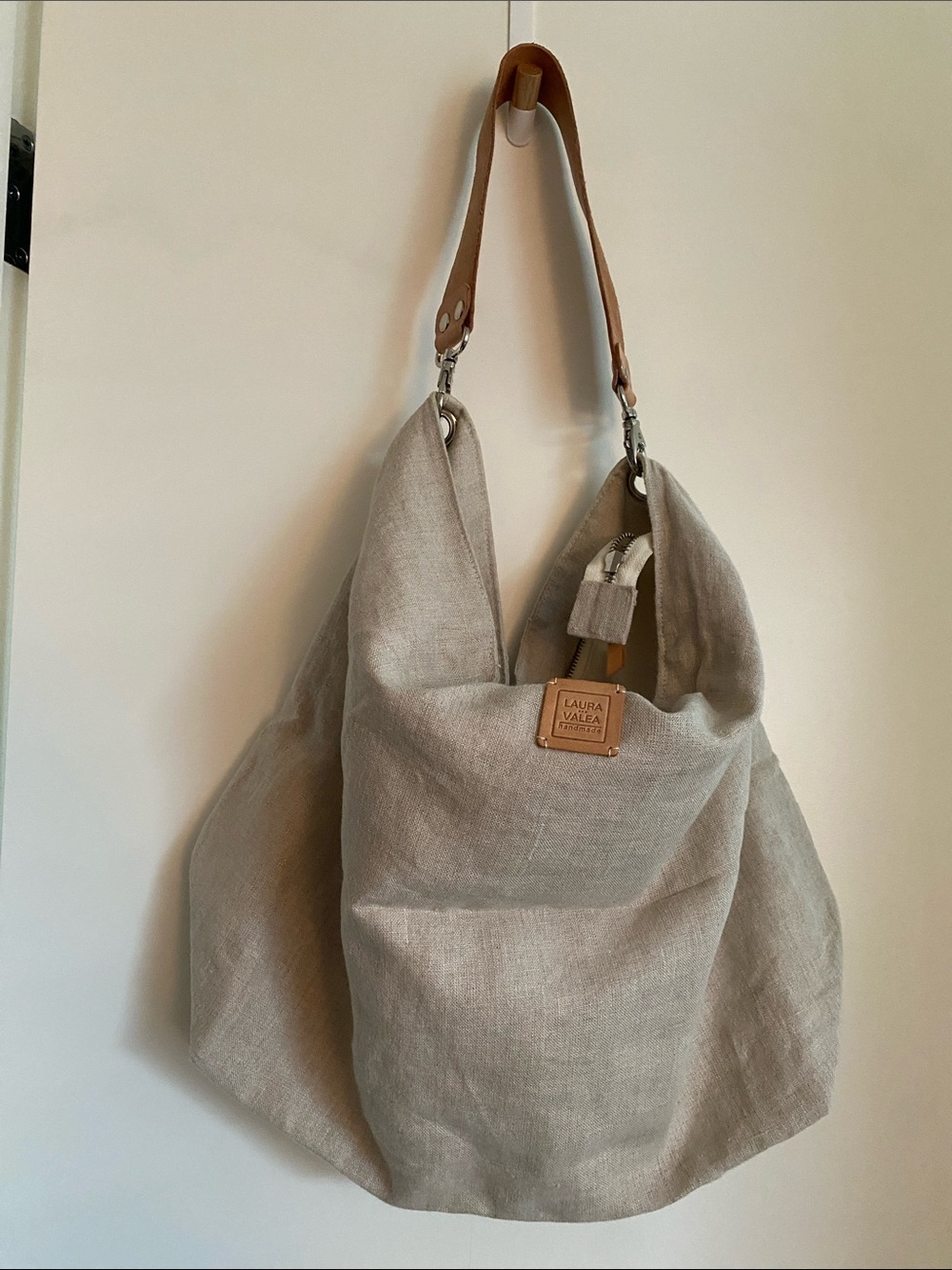 Handmade Beige Linen Tote with Leather Strap